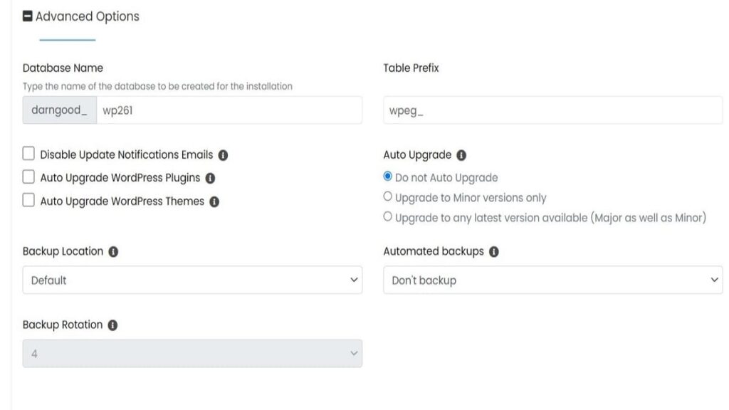 advanced options section of wordpress install options