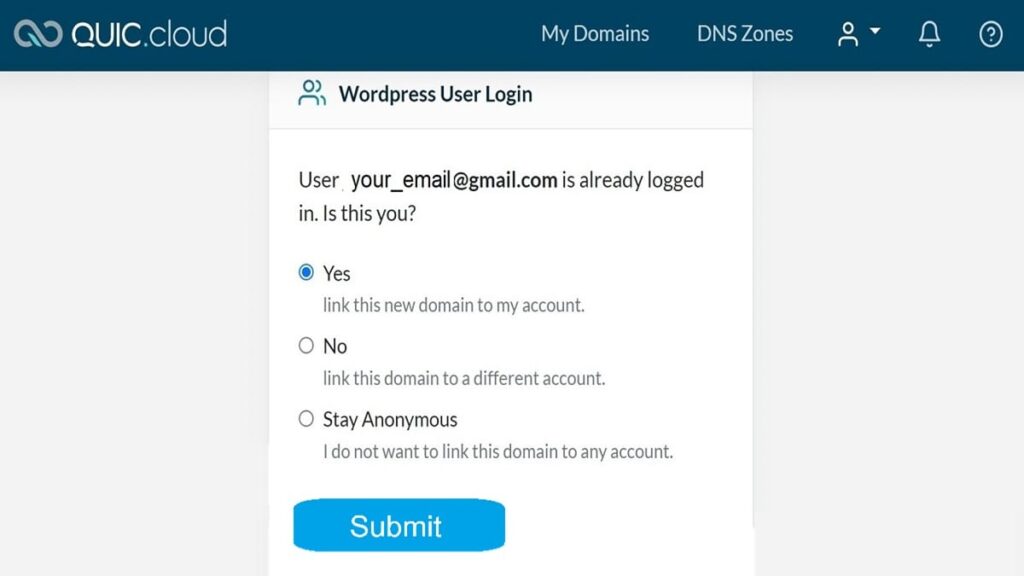 after quic cloud login then respond yes and tap continue to finish getting domain key litespeed