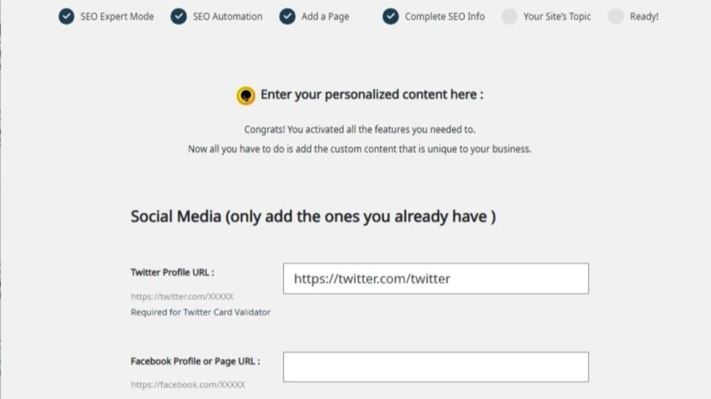 complete seo info section prompts to populate social media urls