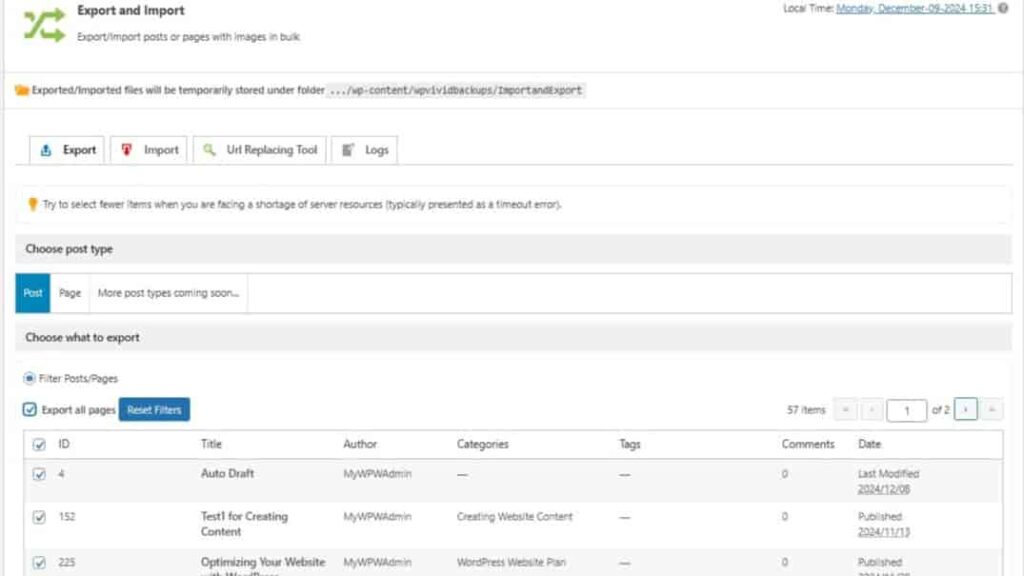 exporting posts using wpvivid before i use the wp reset plugin