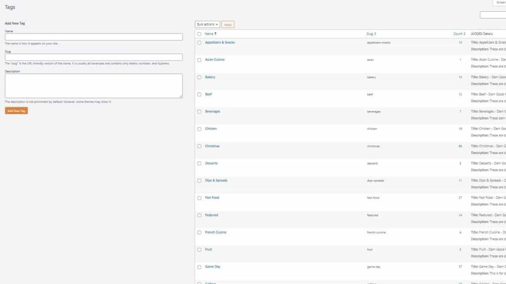 internal links example of tags for food recipes site