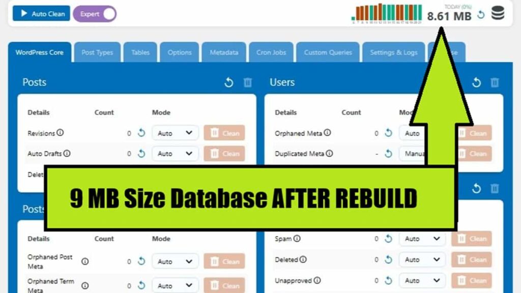 linxent site database size after rebuild website in wordpress is 8.61 mb