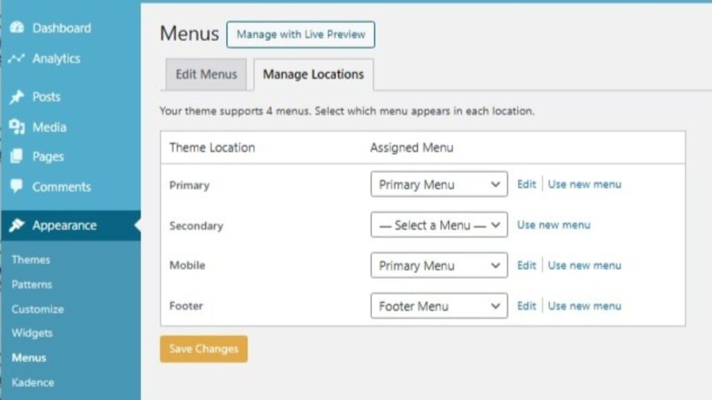 manage locations of wordpress menus