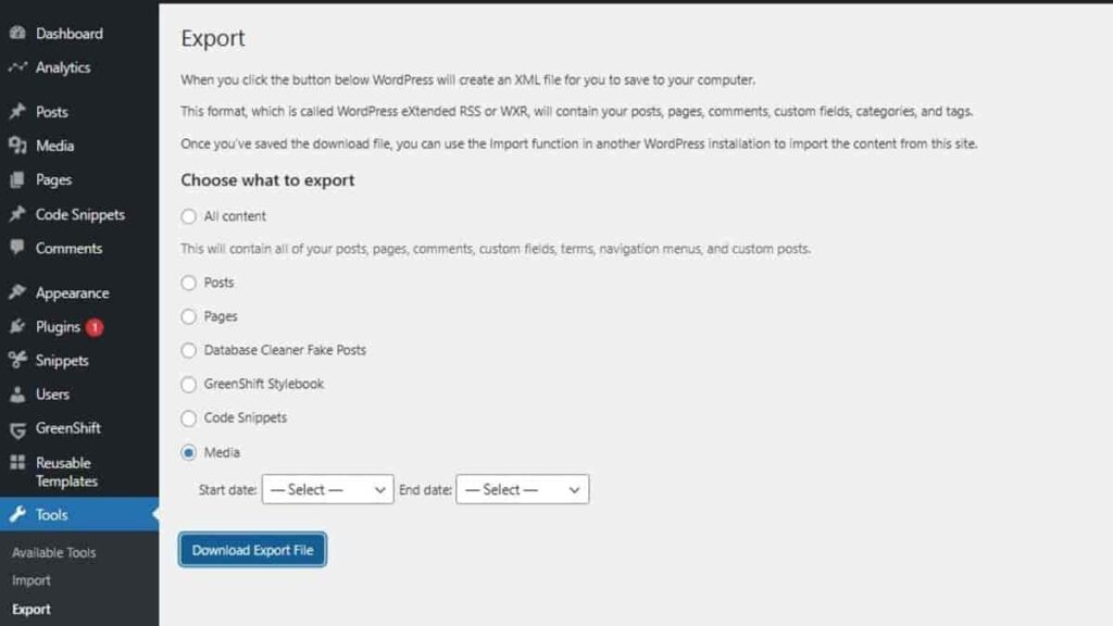 native wp export of media database records before reset wordpress to default