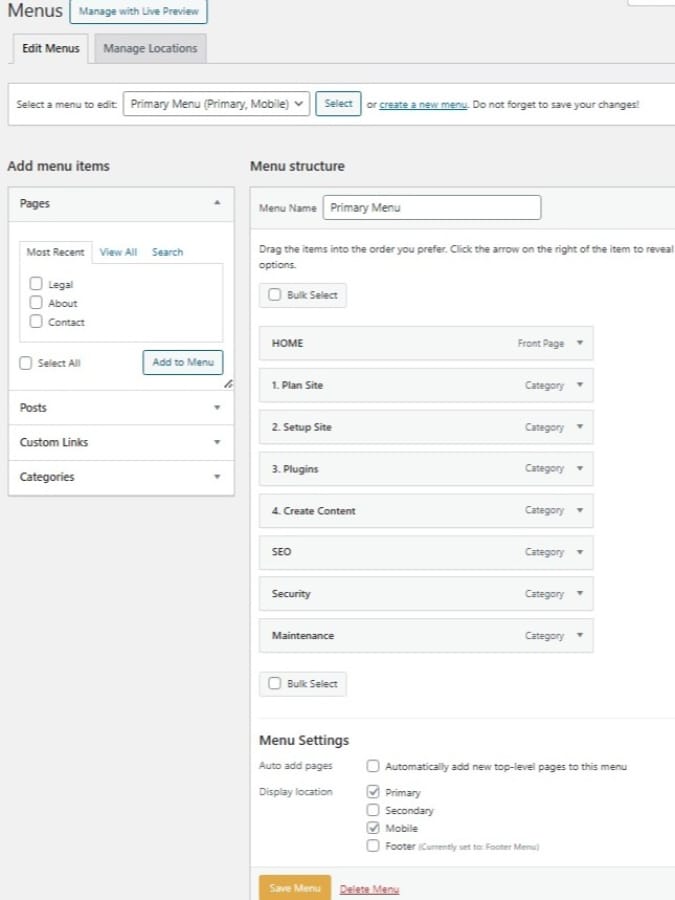 navigation pages to edit primary menu