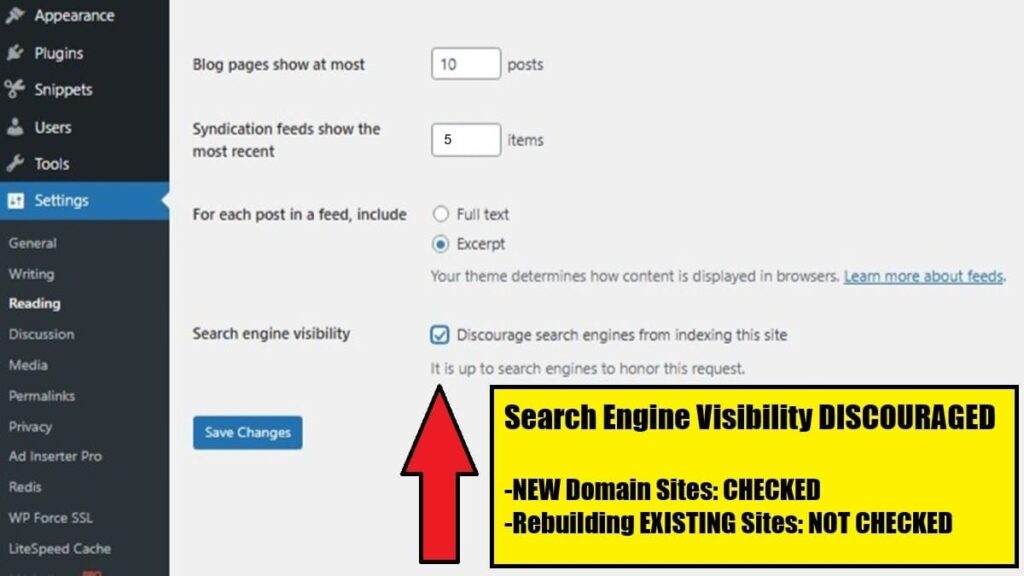 new domain website build has search engine visibility discouragement checked but not if rebuilding an existing website