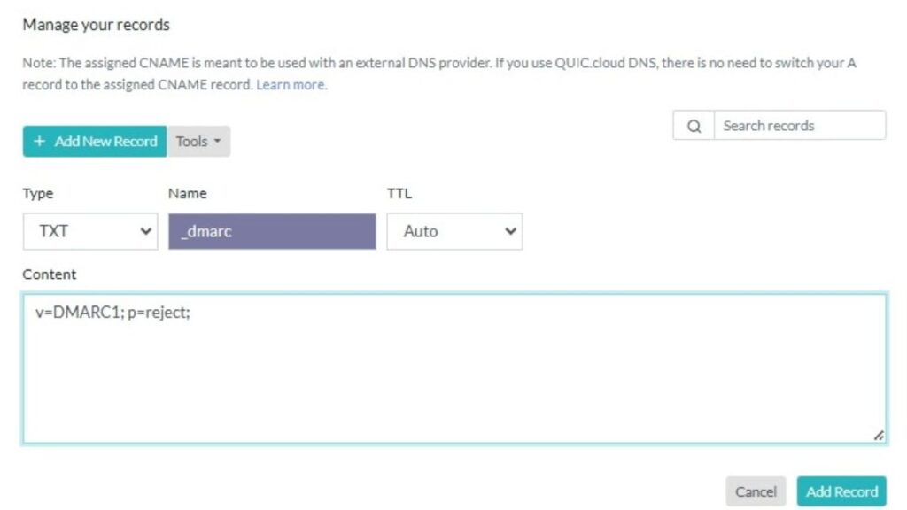 populate values and tap add record to add a dmarc record to dns