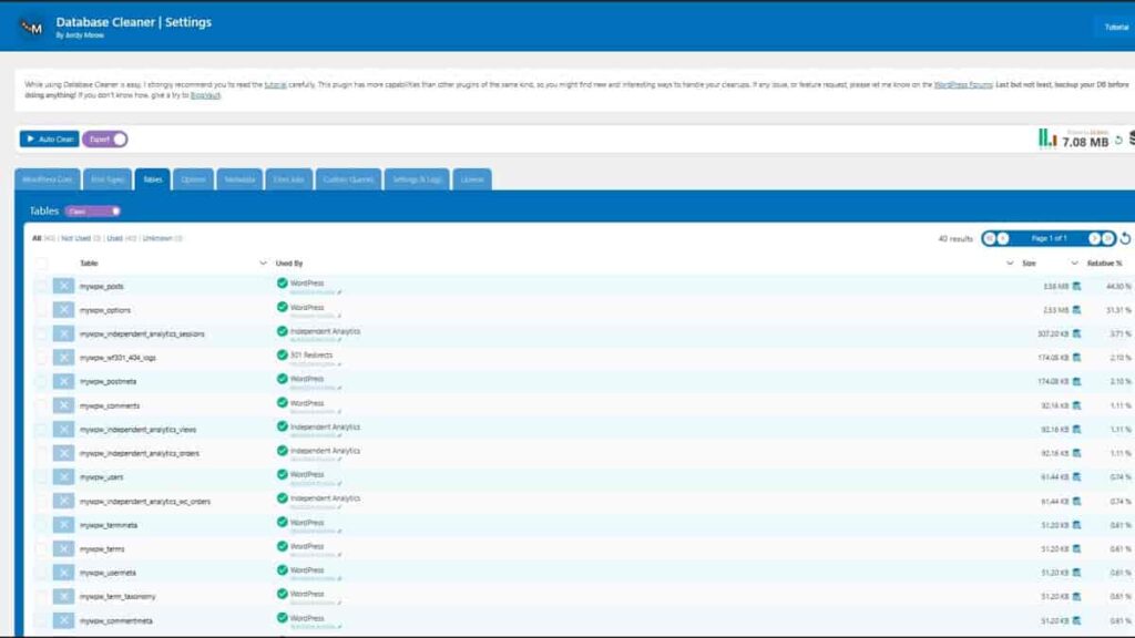 preparing to delete wp reset plugin excess tables in database cleaner pro