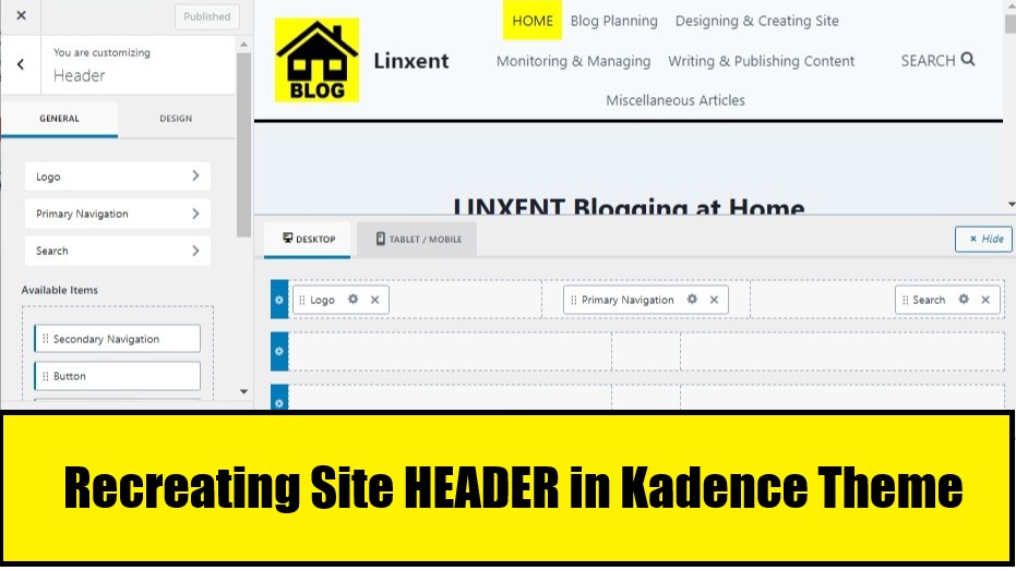 recreating wordpress header during a website rebuild in kadence theme