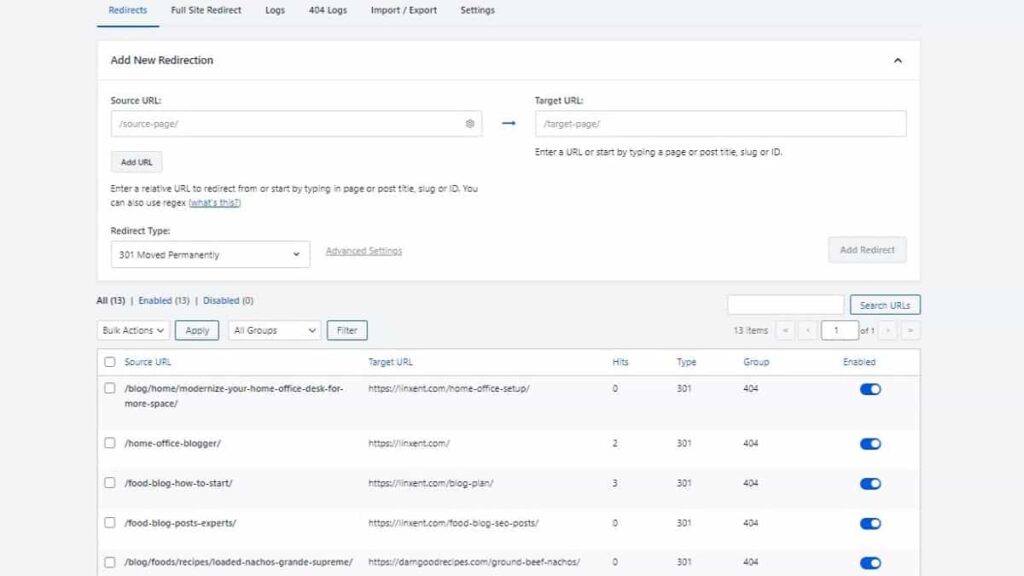 repair any broken internal link by checking a redirection log like in aioseo plugin