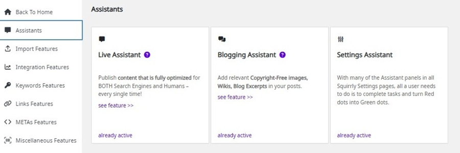 squirrly seo assistants features default settings