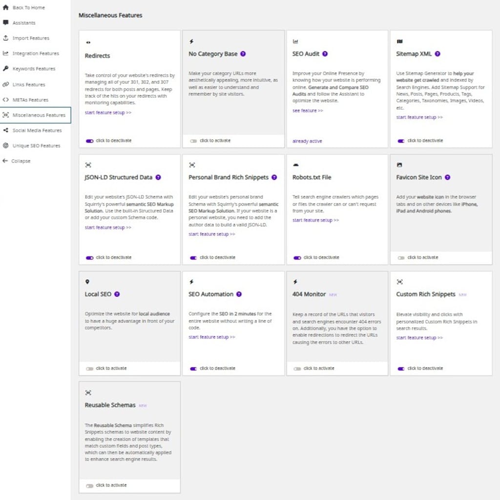 squirrly seo miscellaneous features default settings
