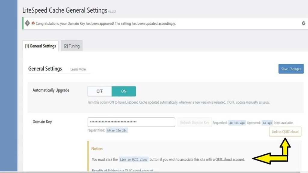 tap link to quic cloud button and submit to finish linking your litespeed domain key