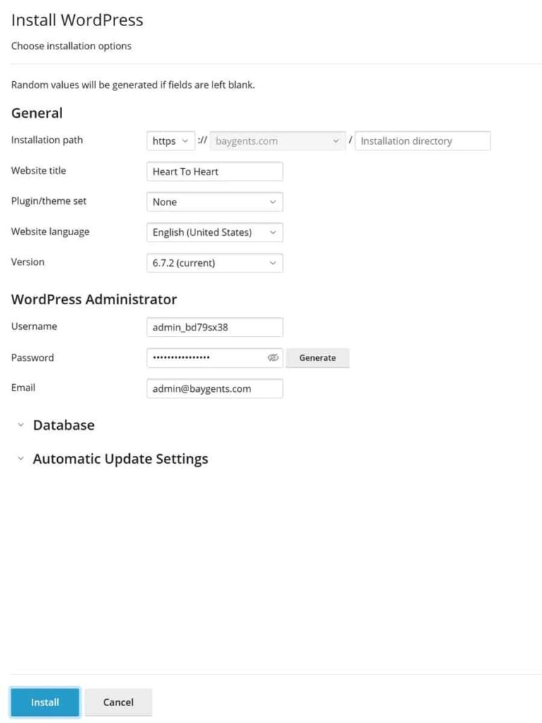 with no settings changes tap install button to perform the 1 click wordpress install